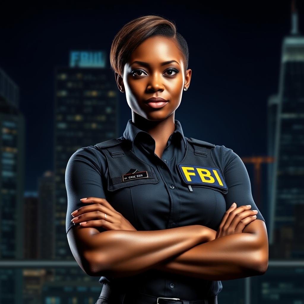 An African woman in a sleek FBI agent outfit, confidently standing with her arms crossed