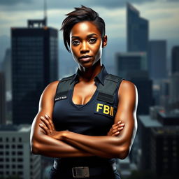 An African woman in a sleek FBI agent outfit, confidently standing with her arms crossed