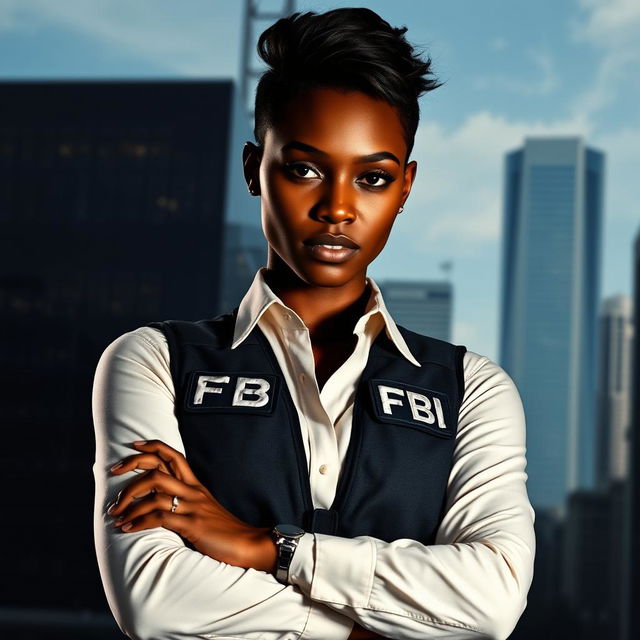 An African woman in a sleek FBI agent outfit, confidently standing with her arms crossed