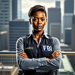 An African woman in a sleek FBI agent outfit, confidently standing with her arms crossed