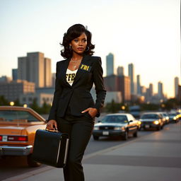 A strong, confident African woman dressed as an FBI agent from the 1980s
