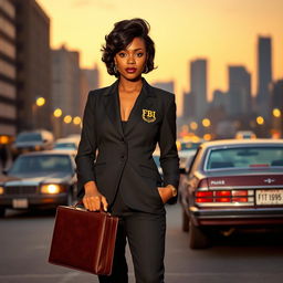 A strong, confident African woman dressed as an FBI agent from the 1980s