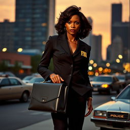 A strong, confident African woman dressed as an FBI agent from the 1980s
