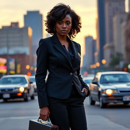 A strong, confident African woman dressed as an FBI agent from the 1980s