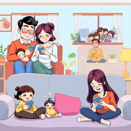 A vibrant and heartwarming anime-style illustration depicting a long-distance family communicating through their phones