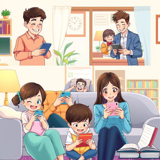 A vibrant and heartwarming anime-style illustration depicting a long-distance family communicating through their phones
