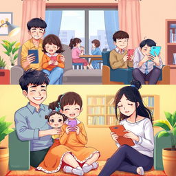 A vibrant and heartwarming anime-style illustration depicting a long-distance family communicating through their phones