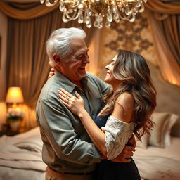 An intimate scene depicting an older man and a younger woman sharing a moment of affection, set in a luxurious bedroom adorned with soft, ambient lighting and rich textures