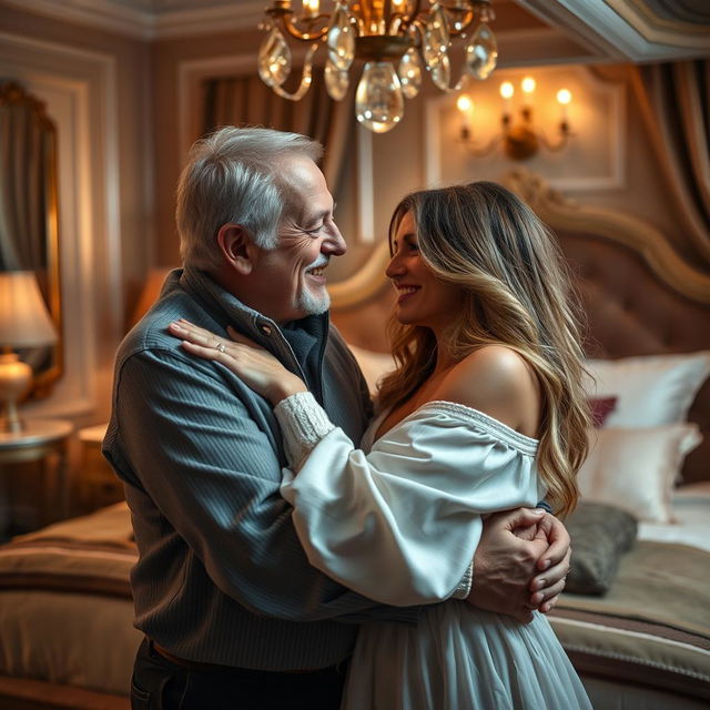 An intimate scene depicting an older man and a younger woman sharing a moment of affection, set in a luxurious bedroom adorned with soft, ambient lighting and rich textures