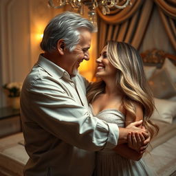 An intimate scene depicting an older man and a younger woman sharing a moment of affection, set in a luxurious bedroom adorned with soft, ambient lighting and rich textures