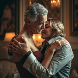 An intimate and romantic scene featuring an older man and a younger woman in a tastefully sensual setting