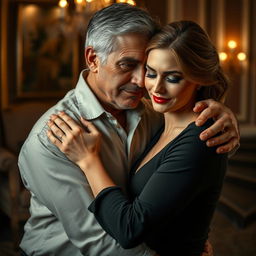 An intimate and romantic scene featuring an older man and a younger woman in a tastefully sensual setting