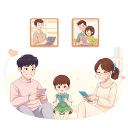 A charming pastel-colored anime-style illustration showcasing a long-distance family communicating through their phones