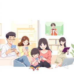A charming pastel-colored anime-style illustration showcasing a long-distance family communicating through their phones