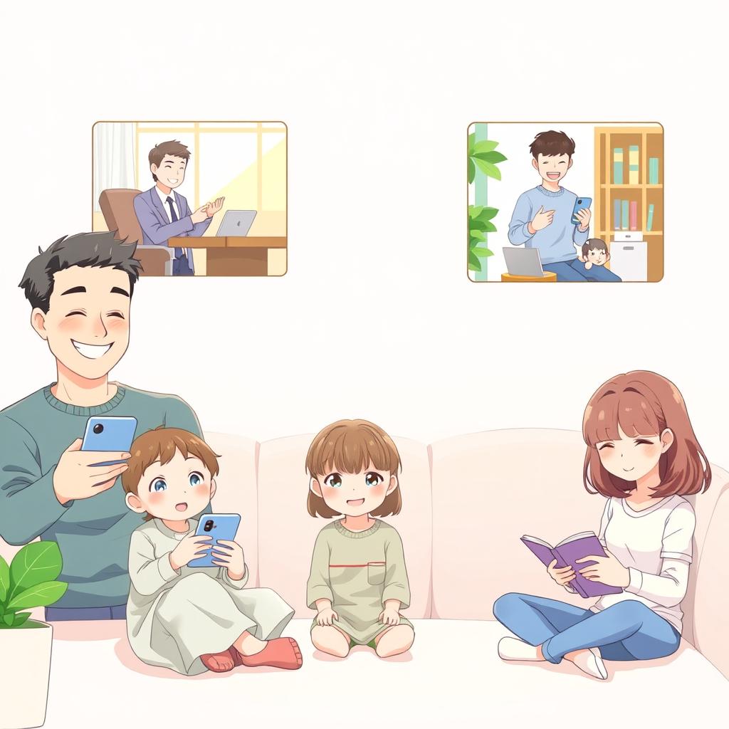A charming pastel-colored anime-style illustration showcasing a long-distance family communicating through their phones