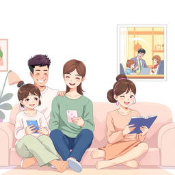 A charming pastel-colored anime-style illustration showcasing a long-distance family communicating through their phones
