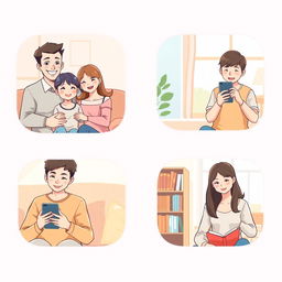 A delightful pastel-colored anime-style illustration featuring a long-distance family connecting through their phones