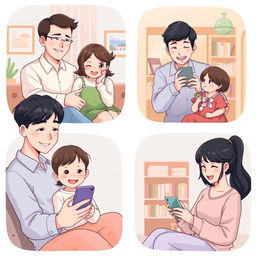 A delightful pastel-colored anime-style illustration featuring a long-distance family connecting through their phones