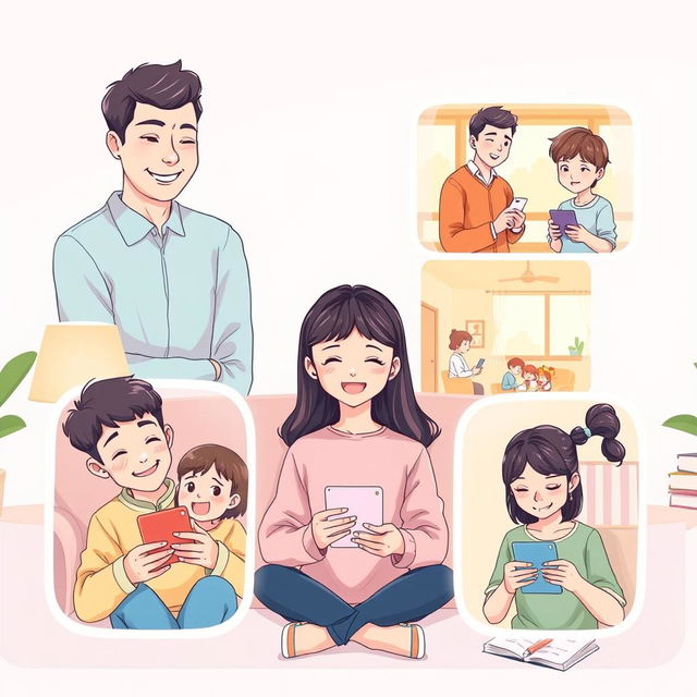 A delightful pastel-colored anime-style illustration featuring a long-distance family connecting through their phones