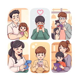 A delightful pastel-colored anime-style illustration featuring a long-distance family connecting through their phones