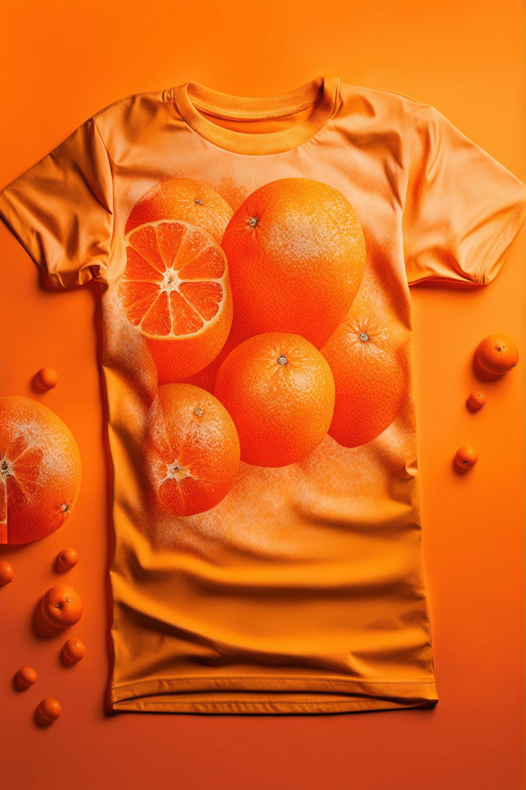 The image displays a vibrant orange graphic tee with a detailed print of oranges