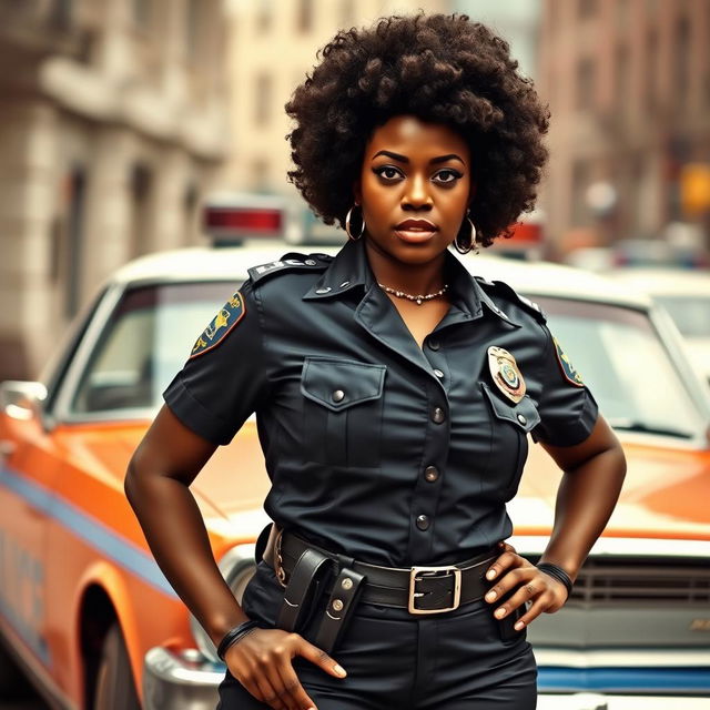 A powerful and confident black police woman from the 1980s, dressed in a stylish and authoritative police uniform complete with a glossy badge and a utility belt