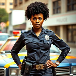 A powerful and confident black police woman from the 1980s, dressed in a stylish and authoritative police uniform complete with a glossy badge and a utility belt
