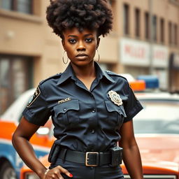 A powerful and confident black police woman from the 1980s, dressed in a stylish and authoritative police uniform complete with a glossy badge and a utility belt