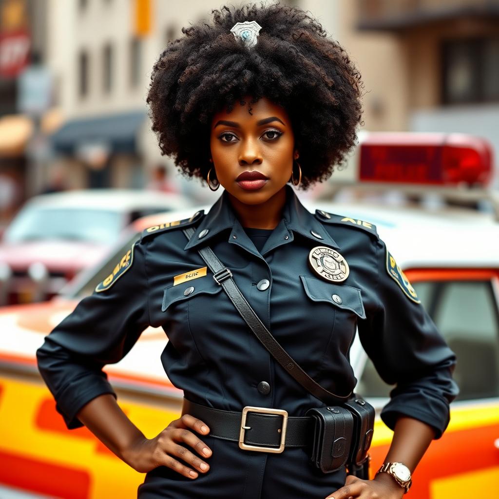 A powerful and confident black police woman from the 1980s, dressed in a stylish and authoritative police uniform complete with a glossy badge and a utility belt