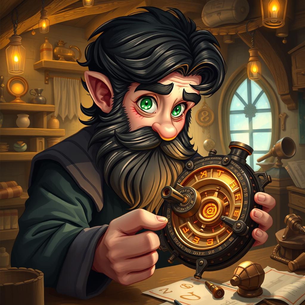 A realistic art style illustration of a dexterous male gnome wizard characterized by his perfectionism