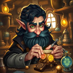 A realistic art style illustration of a dexterous male gnome wizard characterized by his perfectionism