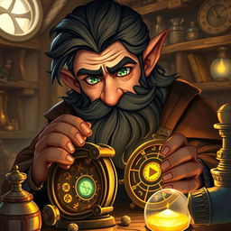 A realistic art style illustration of a dexterous male gnome wizard characterized by his perfectionism