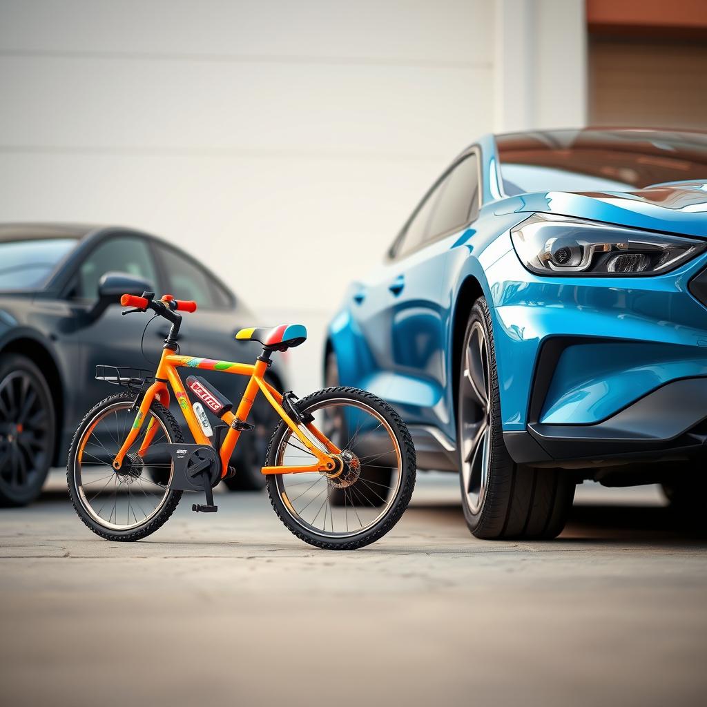 An engaging scene featuring two vehicles: a small bicycle and a large car