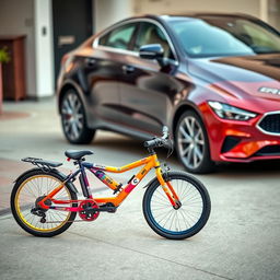 An engaging scene featuring two vehicles: a small bicycle and a large car