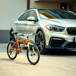 An engaging scene featuring two vehicles: a small bicycle and a large car