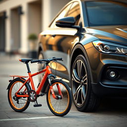 An engaging scene featuring two vehicles: a small bicycle and a large car