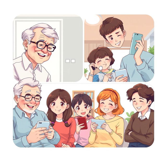 A heartwarming pastel-colored anime-style illustration of a long-distance family connecting through their phones