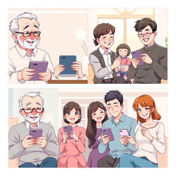 A heartwarming pastel-colored anime-style illustration of a long-distance family connecting through their phones