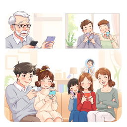 A heartwarming pastel-colored anime-style illustration of a long-distance family connecting through their phones