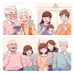 A heartwarming pastel-colored anime-style illustration of a long-distance family connecting through their phones