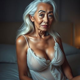 An elegant Asian woman aged 50, with a sexy yet aged appearance featuring prominent wrinkles on her face