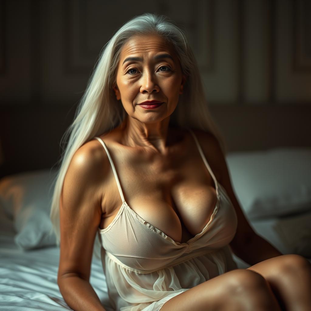 An elegant Asian woman aged 50, with a sexy yet aged appearance featuring prominent wrinkles on her face