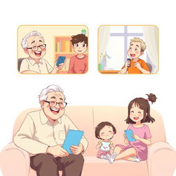 A whimsical pastel-colored anime-style illustration depicting a long-distance family in a heartwarming video call scenario