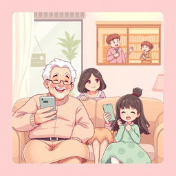 A whimsical pastel-colored anime-style illustration depicting a long-distance family in a heartwarming video call scenario