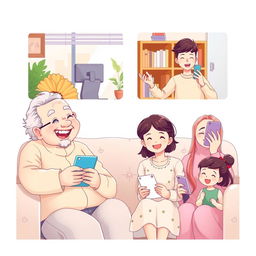 A whimsical pastel-colored anime-style illustration depicting a long-distance family in a heartwarming video call scenario