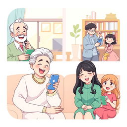A whimsical pastel-colored anime-style illustration depicting a long-distance family in a heartwarming video call scenario