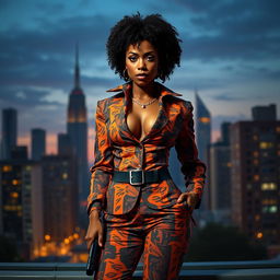 A sexy black female detective from the 1980s, featuring wide hips and a confident pose, looking directly into the camera