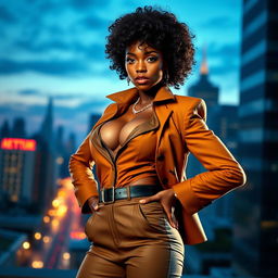 A sexy black female detective from the 1980s, featuring wide hips and a confident pose, looking directly into the camera