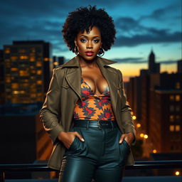 A sexy black female detective from the 1980s, featuring wide hips and a confident pose, looking directly into the camera