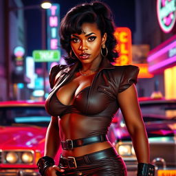 A sexy black female detective from the 1980s, showcasing her wide hips and confident demeanor, gazing directly into the camera